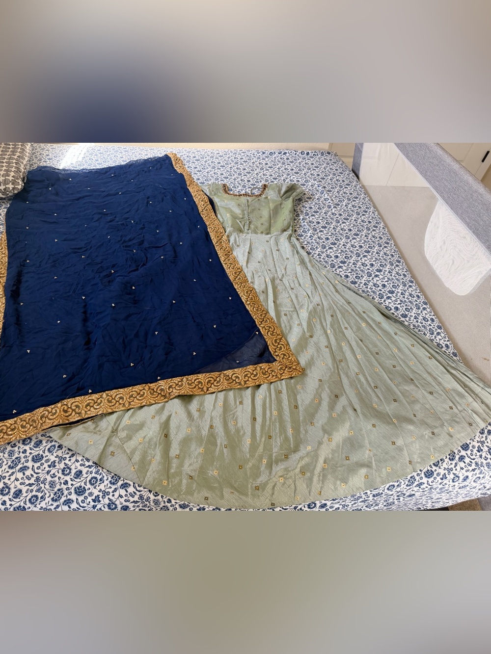 Sage Green Maxi Dress with Navy Gold Dupatta